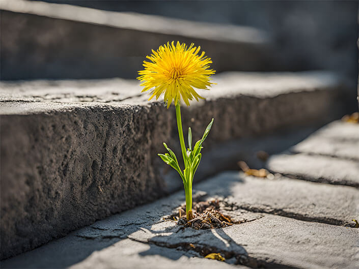 Dandelion growing through stone steps